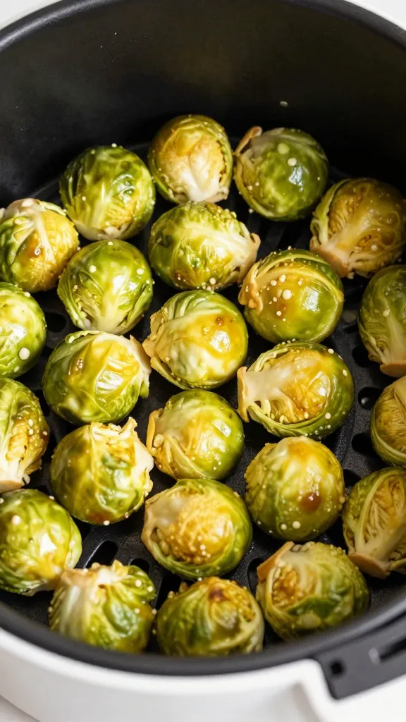 Air fryer basket filled with golden Brussels sprouts, close-up