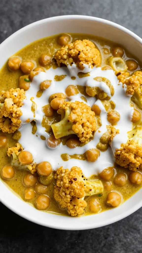 Travel Solo As A Women All Across The Globe!!! cauliflower chickpea curry in white bowl, coconut milk swirl