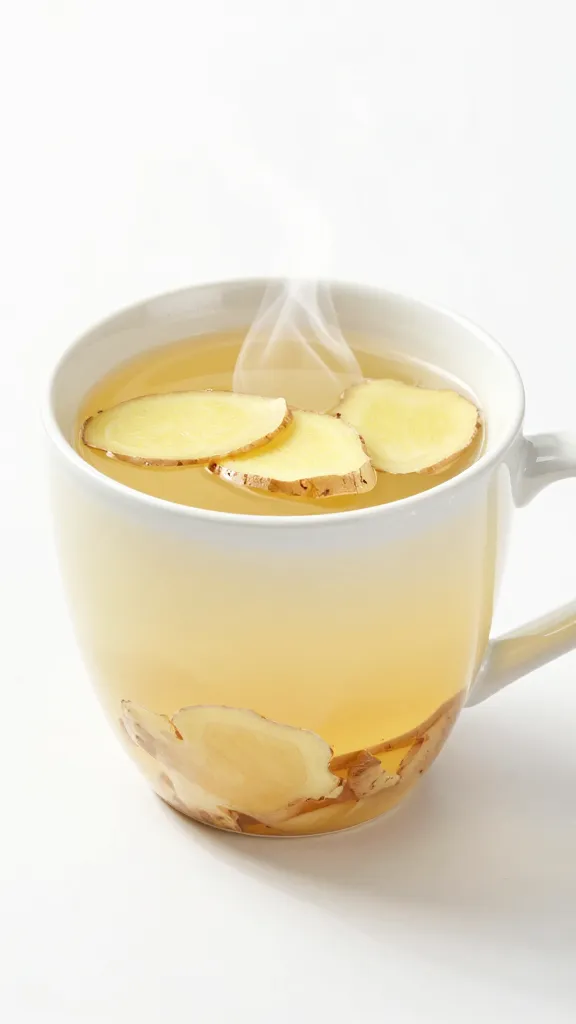 steaming vegetable broth cup with ginger slices, white mug