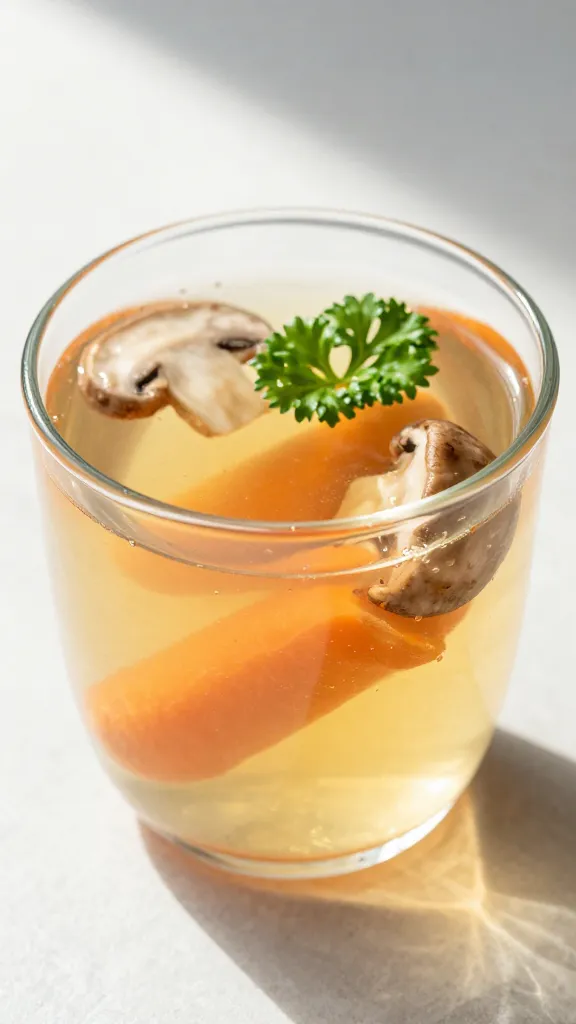 clear mug of mushroom-carrot broth, parsley garnish, sunlight
