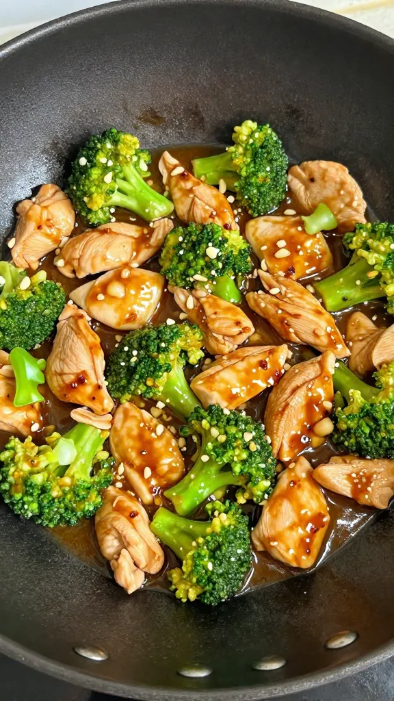 Chicken and broccoli stir fry in wok, glossy garlic sauce