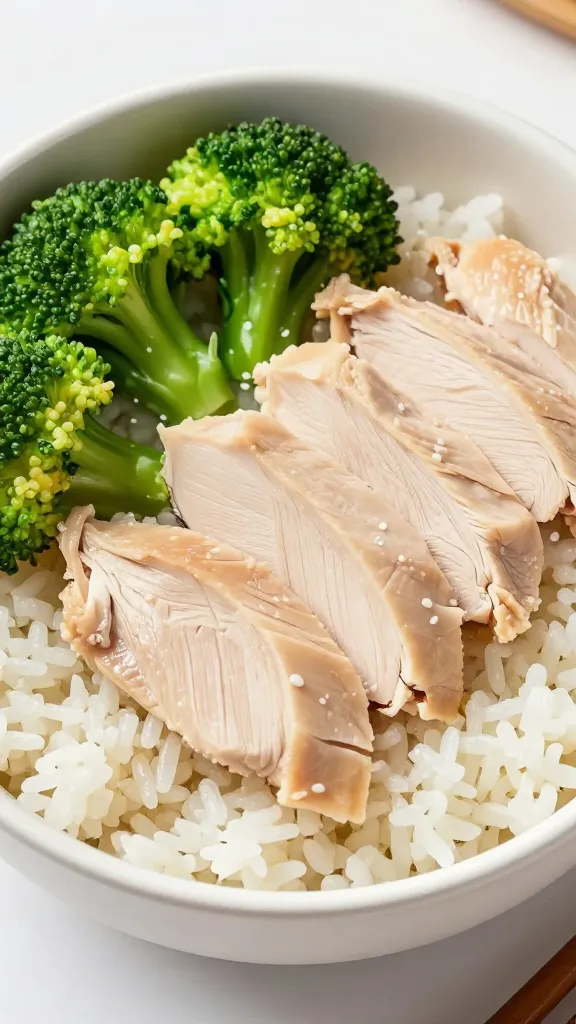Sliced chicken thighs and crisp broccoli on steamed rice bowl