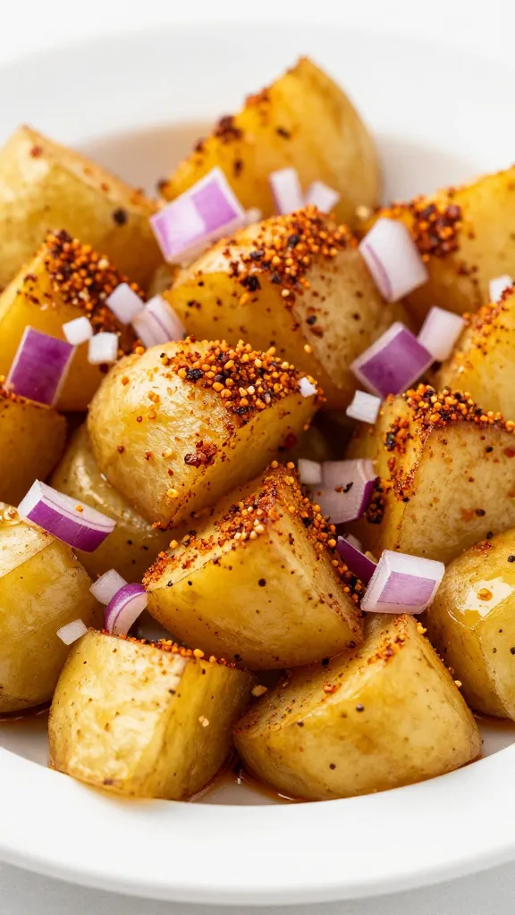golden potato cubes topped with sev, red onion, chaat masala