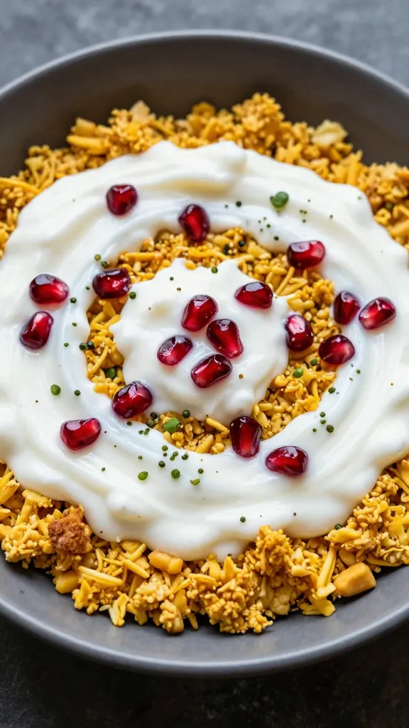 dahi aloo chaat with yogurt swirl and pomegranate seeds