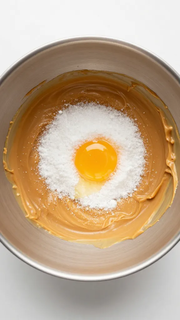 single mixing bowl with peanut butter, sugar, egg overhead shot