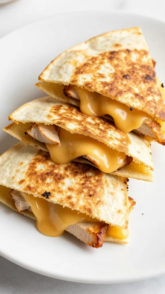 sliced chicken quesadilla with gooey Monterey Jack, white plate