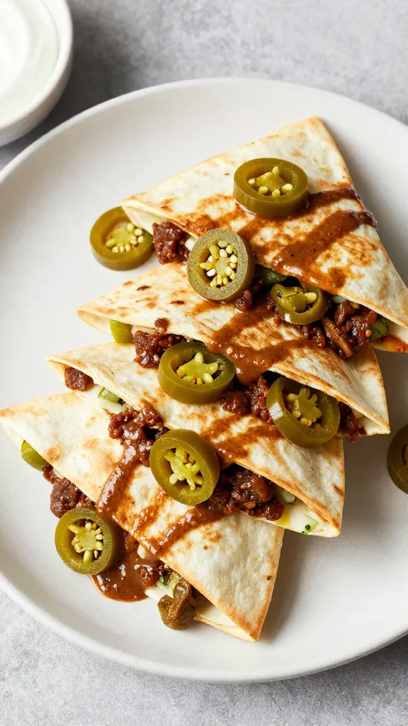 quesadilla with chipotle crema and pickled jalapeños, overhead shot