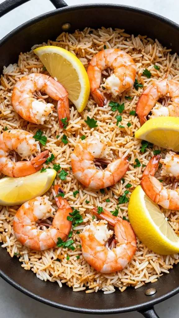 Travel Solo As A Women All Across The Globe!!! Overhead one-pan shrimp rice with lemon wedges, parsley