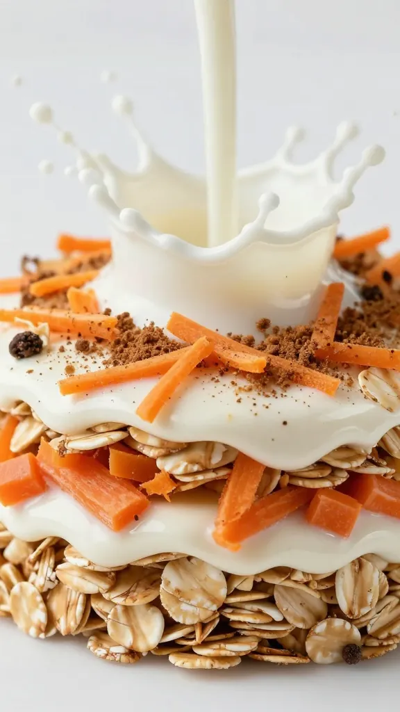 Close-up of layered oats with cinnamon, grated carrot, and milk splash