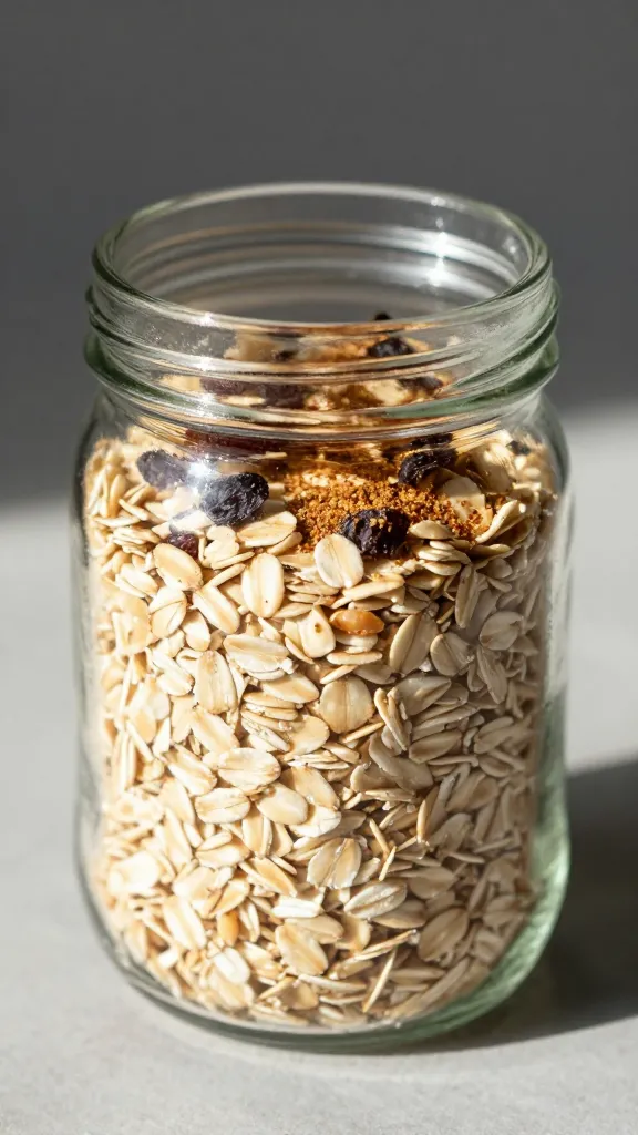 Morning light illuminating a jar of oats with a sprinkle of nutmeg and raisins