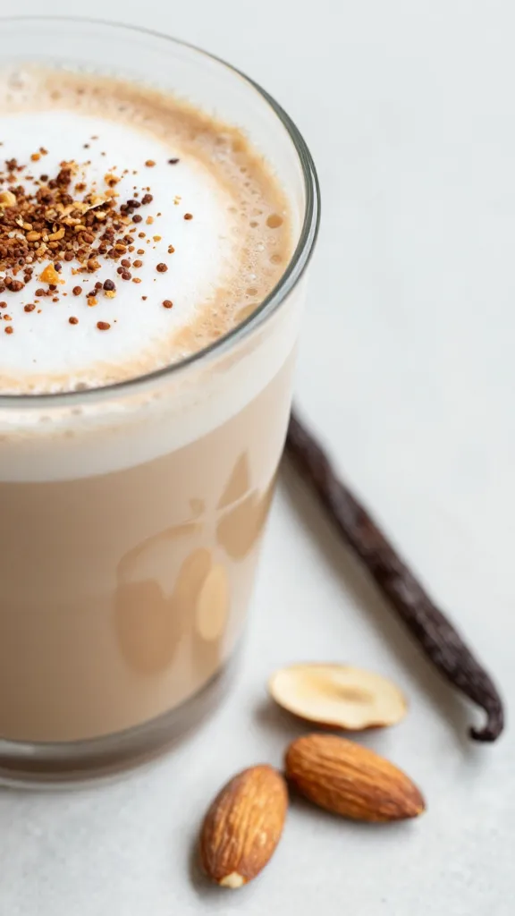 Close-up of almond slices beside a vanilla-roibos latte