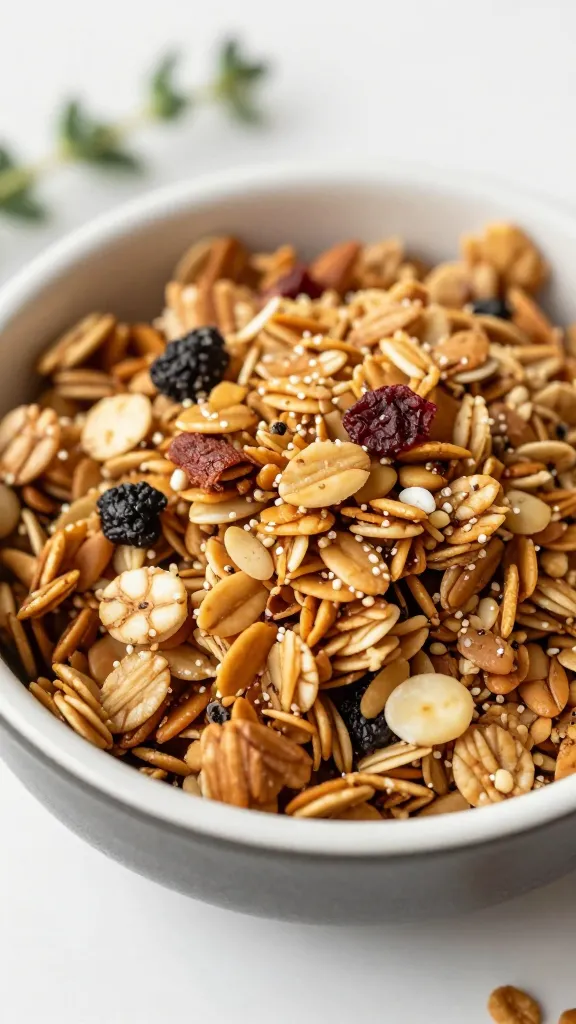 Travel Solo As A Women All Across The Globe!!! savory granola clumps in a small bowl, herbs sprig