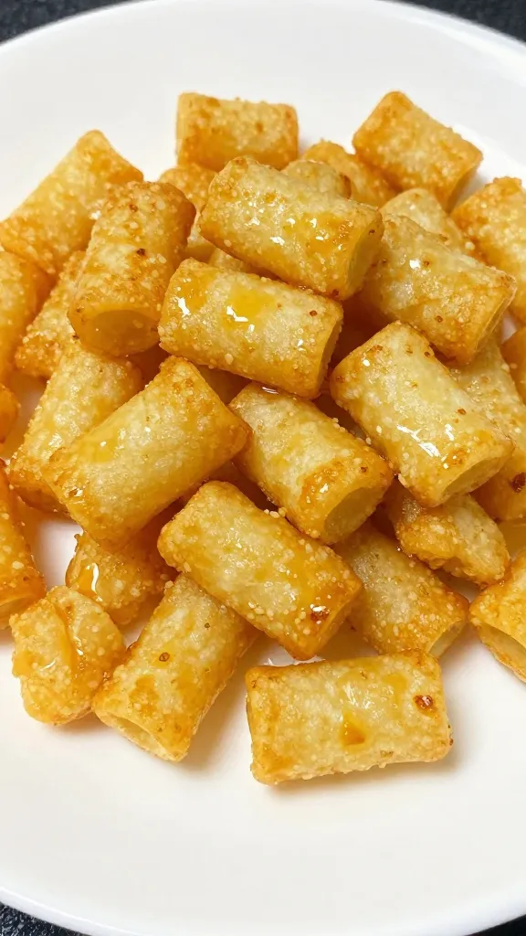 Air-fried gnocchi chips on white plate, glossy oil sheen