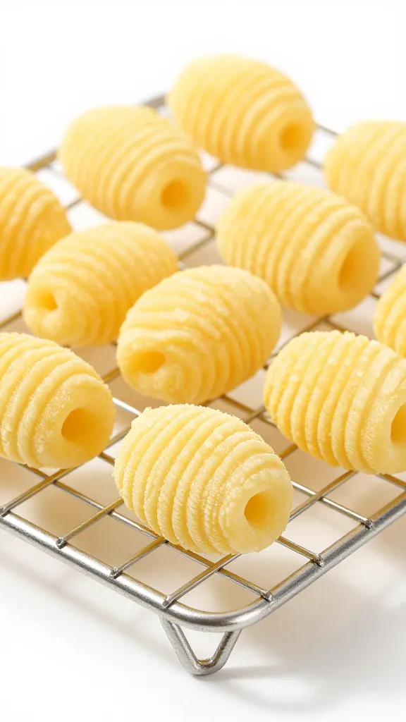 Studio shot: gnocchi chips in wire rack, simple background