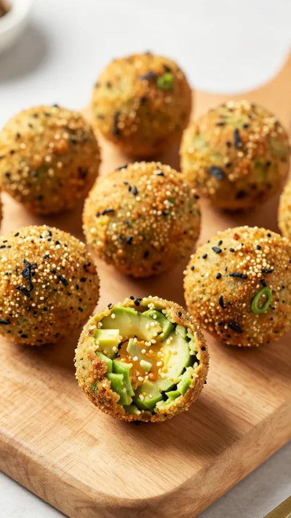 Air fryer stuffed avocado bombs on wooden board