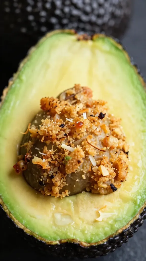 Halved avocado with crispy stuffed filling close-up