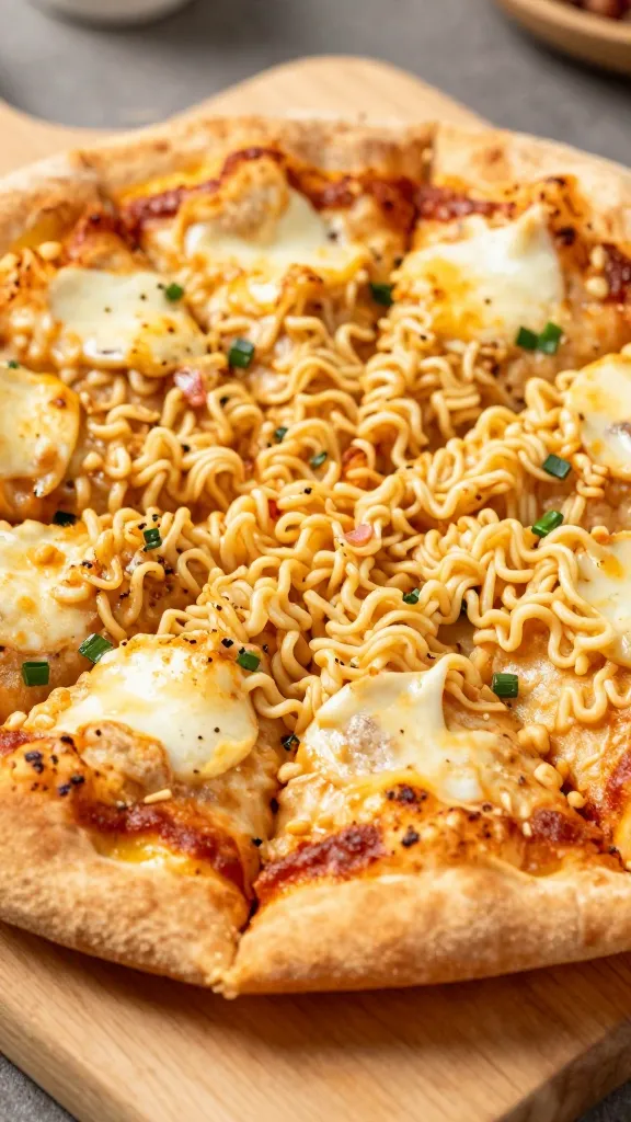 air fryer ramen pizza close-up on wooden board