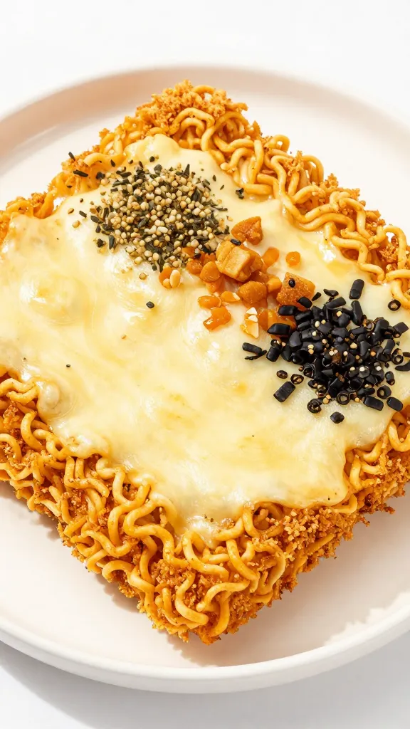crispy ramen crust with melted cheese, toppings arranged