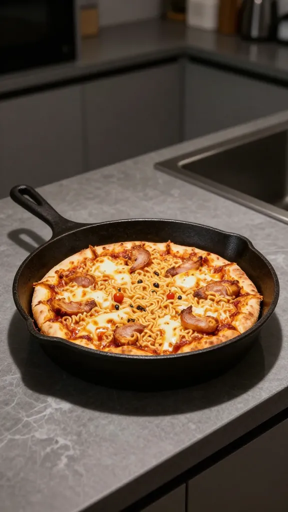 modern kitchen, ramen pizza in cast iron skillet, dramatic lighting