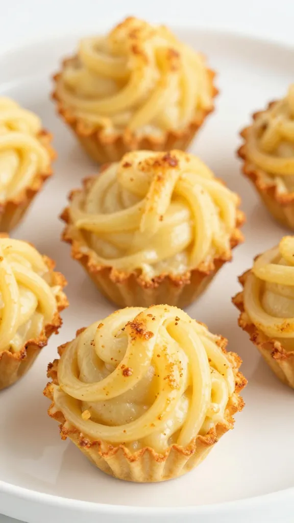 Air fryer pasta nest cups on white plate, close-up, crisp edges