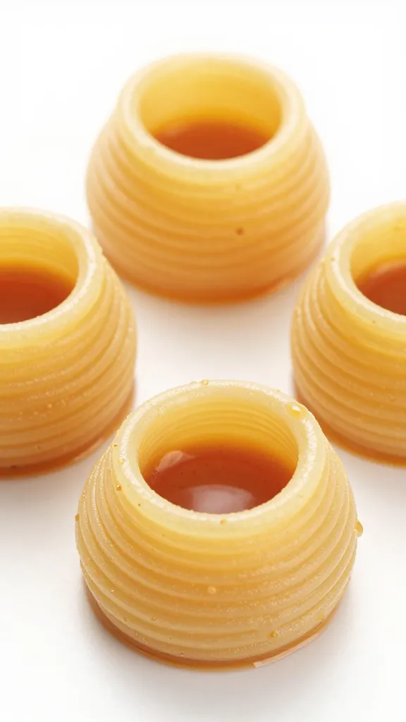 Shiny pasta nests with dipping sauce, textured surface, studio lighting