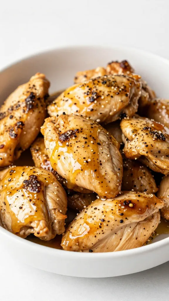 Juicy chicken breast bites with lemon pepper glaze in bowl