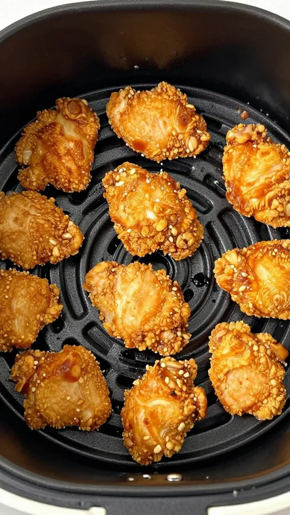 High-contrast shot of crispy chicken bites in air fryer tray