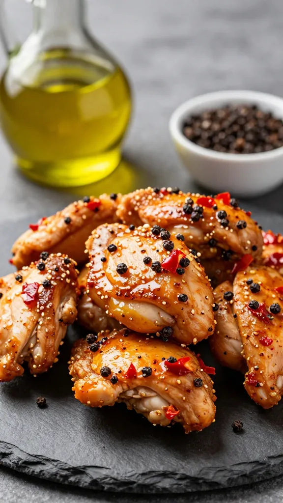 Olive oil, black pepper, paprika-coated chicken pieces on slate