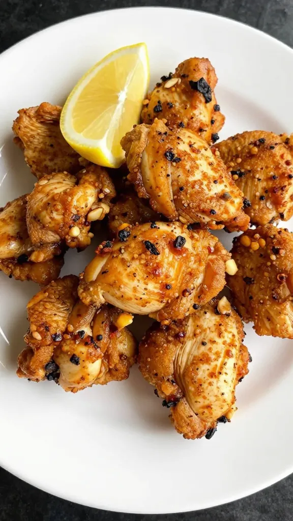 12-minute chicken bites plated with lemon wedge garnish