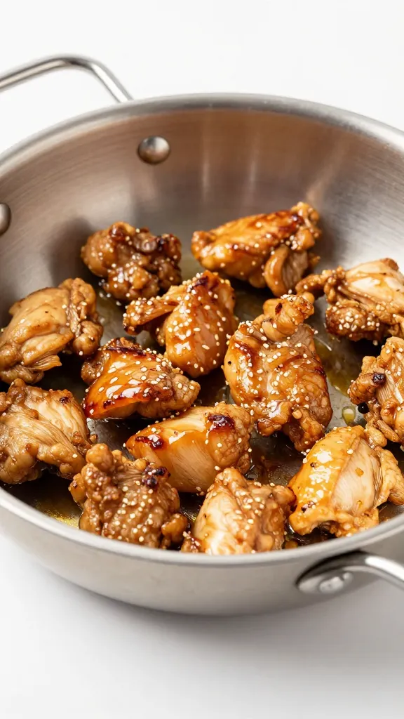 Silver-toned frying basket with sizzling chicken morsels