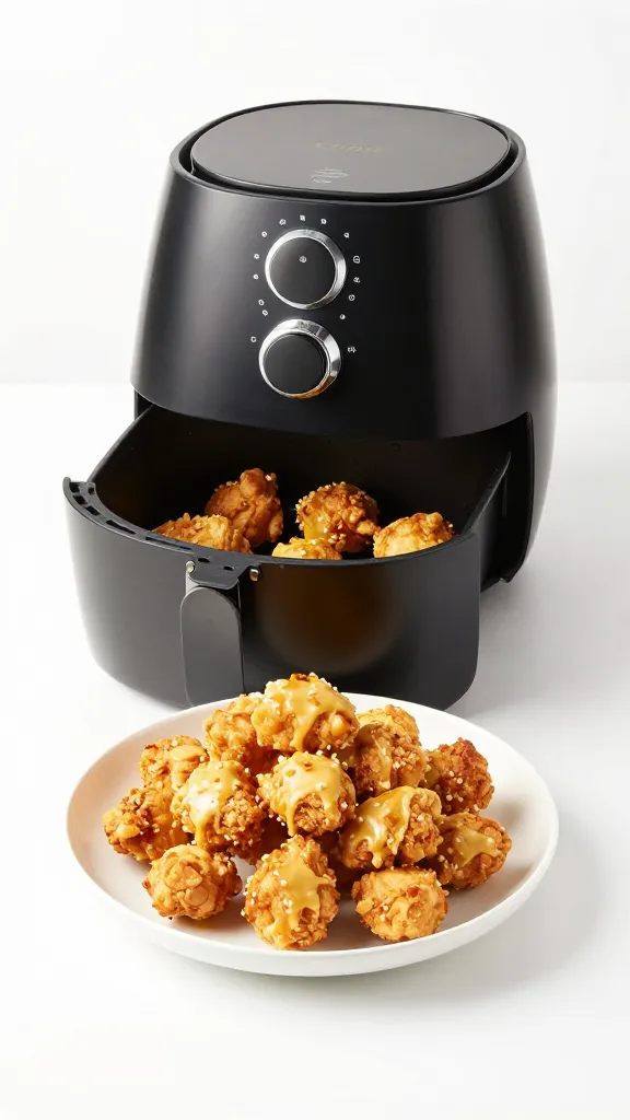 Bright kitchen studio shot of air fryer chicken bites platter