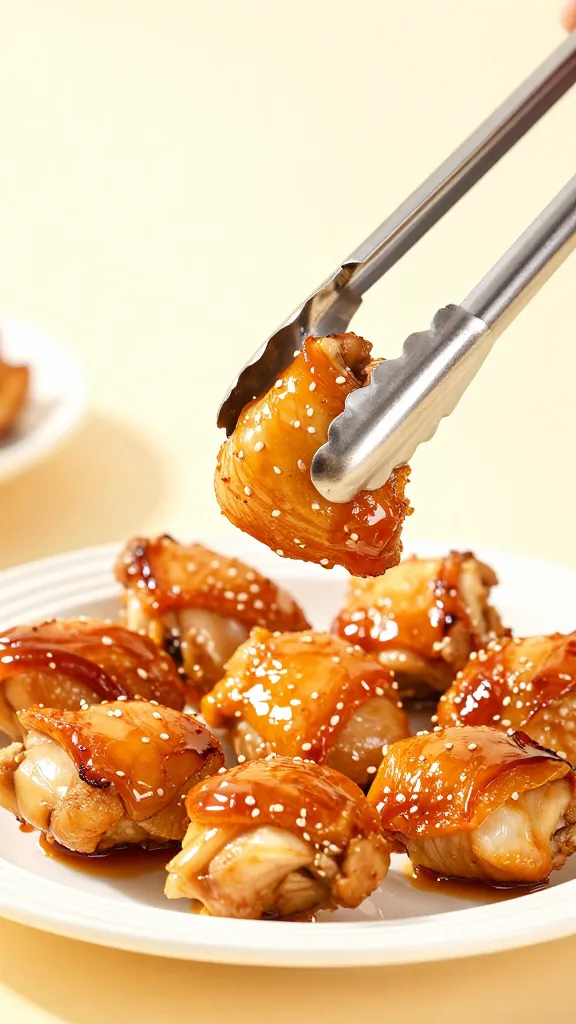 Pair of tongs lifting glazed chicken bites from plate