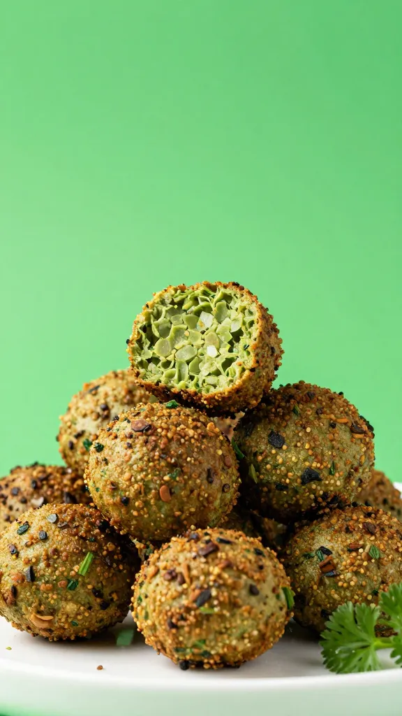 Studio shot: vibrant green herbs and falafel pile upsell crispiness