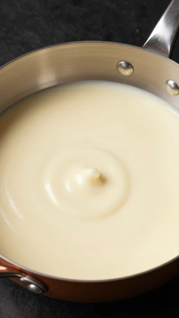 Stainless steel skillet with copper core, glossy cream sauce