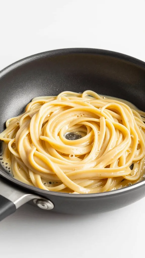 nonstick pan with metal-safe base, simmering Alfredo shot