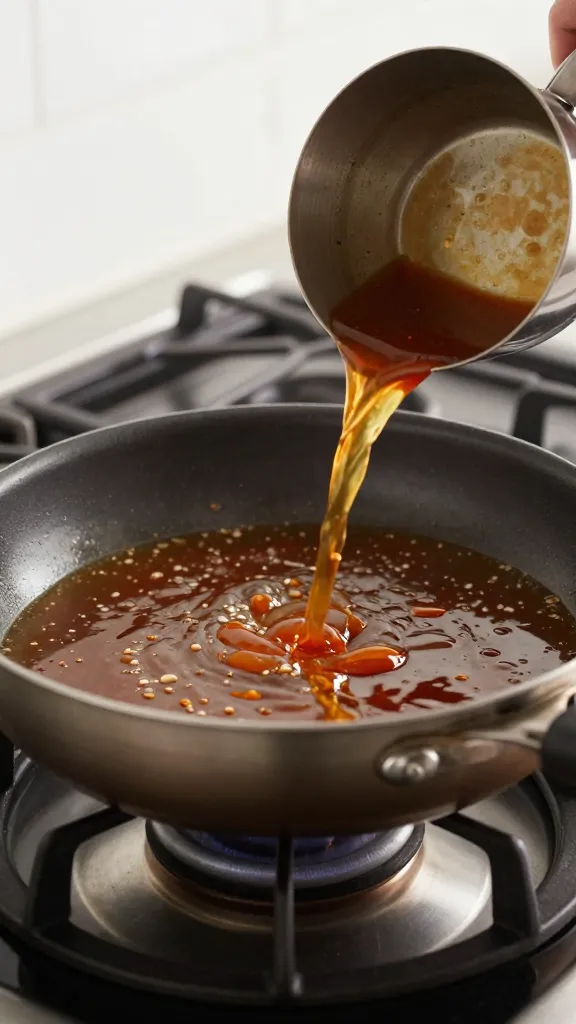 close-up stovetop scene, deglazing with sauce in pan