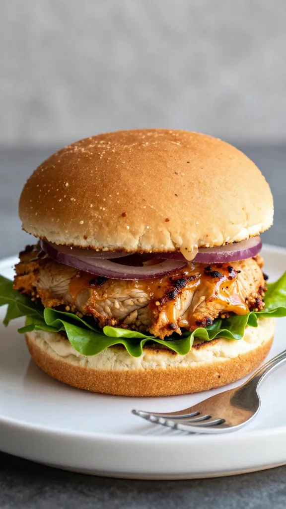 Juicy air-fryer turkey burger plated with greens and fork