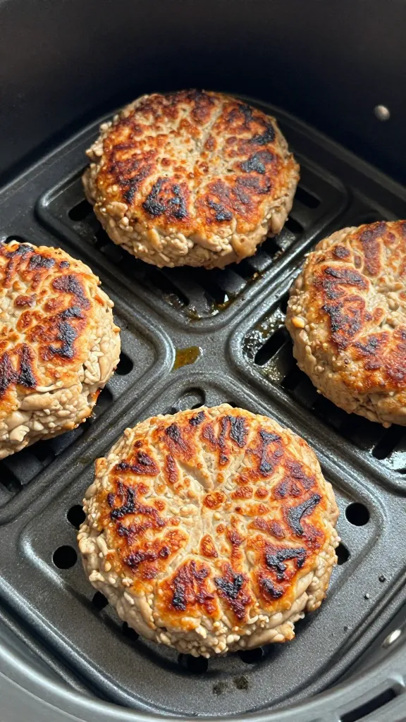 Close-up: seasoned turkey patty sizzling in air fryer tray