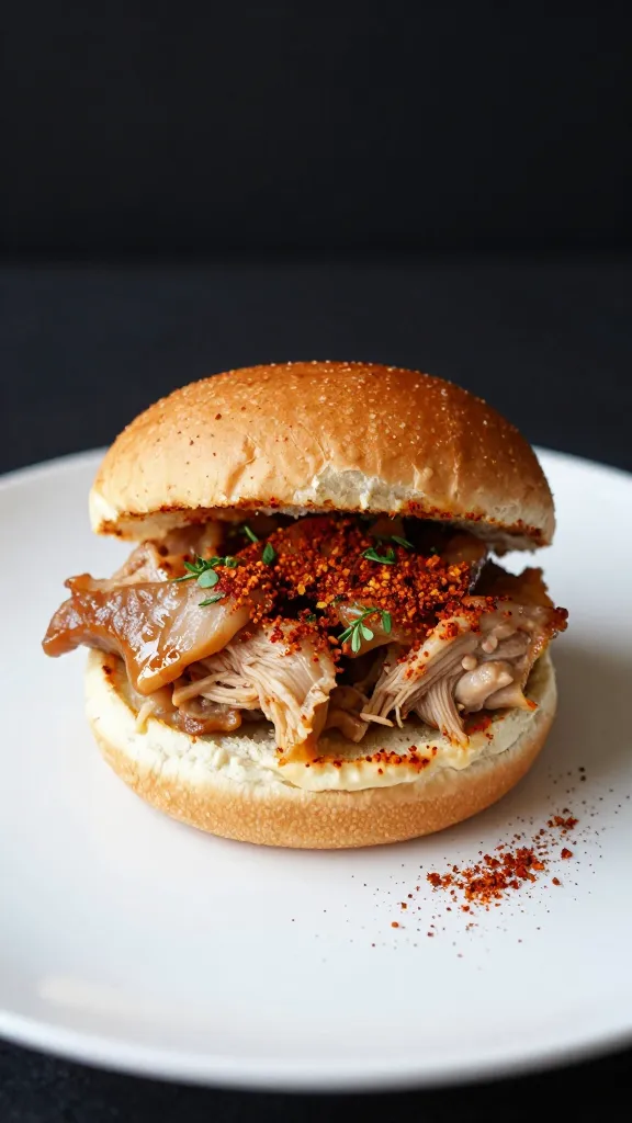Gourmet turkey burger bun bite with paprika sprinkle, herbs on plate