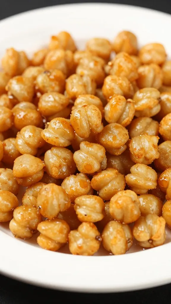 Crispy air-fried chickpeas on white plate, close-up, sharp focus