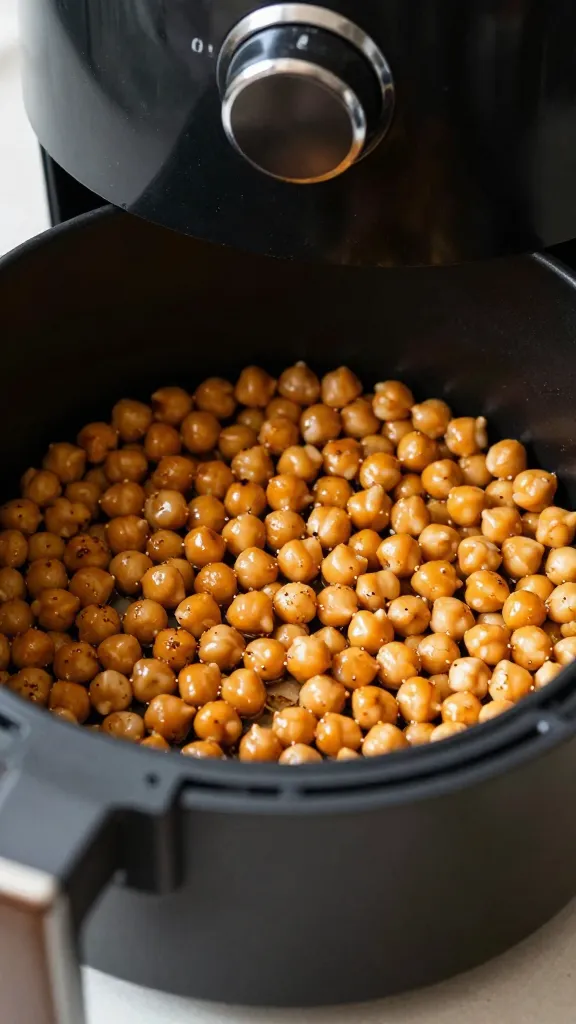 Bowl of seasoned chickpeas in air fryer kitchen, side lighting