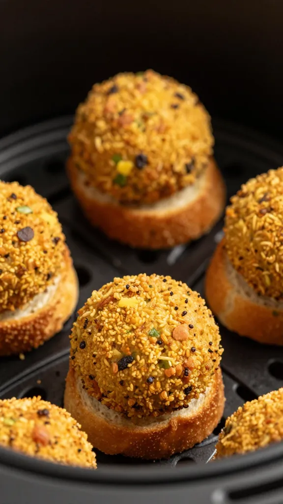 Air fryer falafel crostini close-up, crisp exterior