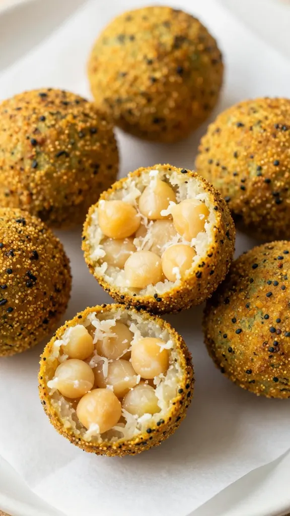 Golden falafel balls on parchment, fluffy chickpea interior