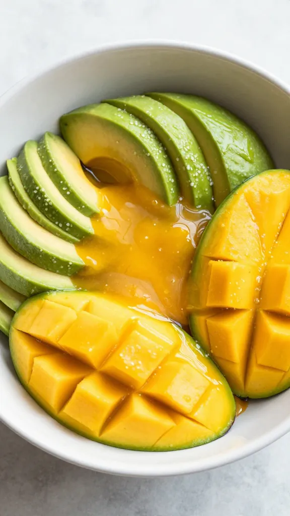 Mango avocado salad bowl with bright dressing