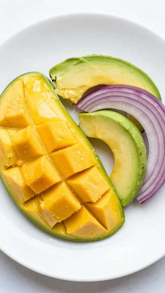 Fresh mango, avocado, red onion on white plate