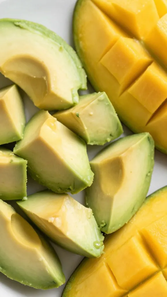 Close-up of creamy avocado chunks beside mango slices