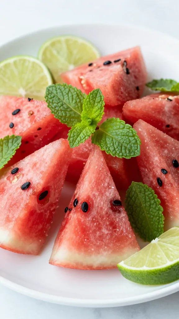 Watermelon mint salad close-up on white plate with lime wedges