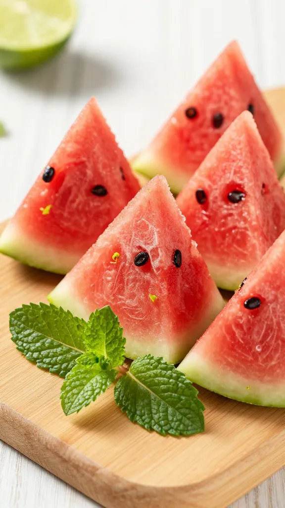 Fresh watermelon chunks, mint sprigs, lime zest on wooden board
