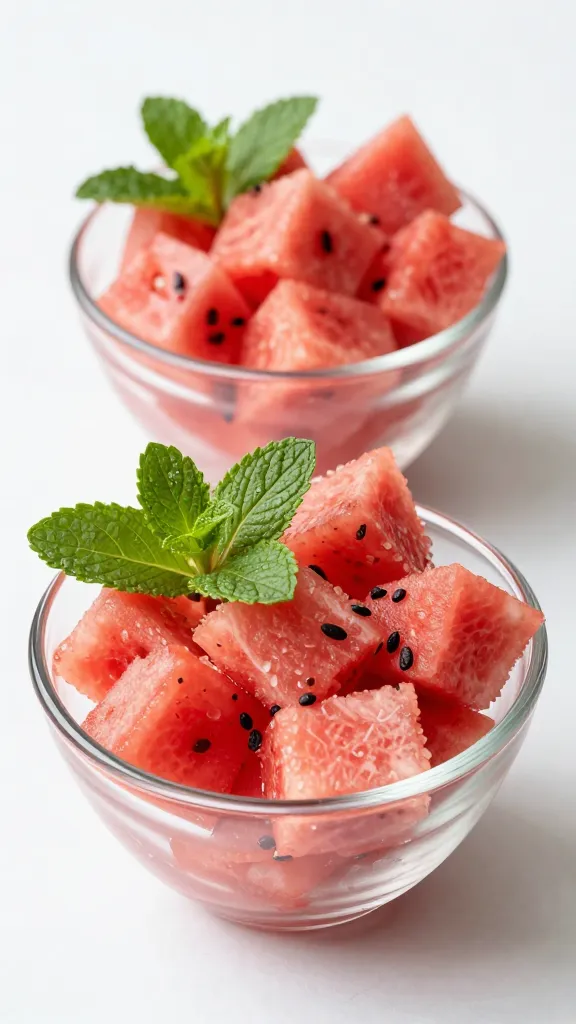 Dairy-free watermelon mint bowls with bright overhead lighting