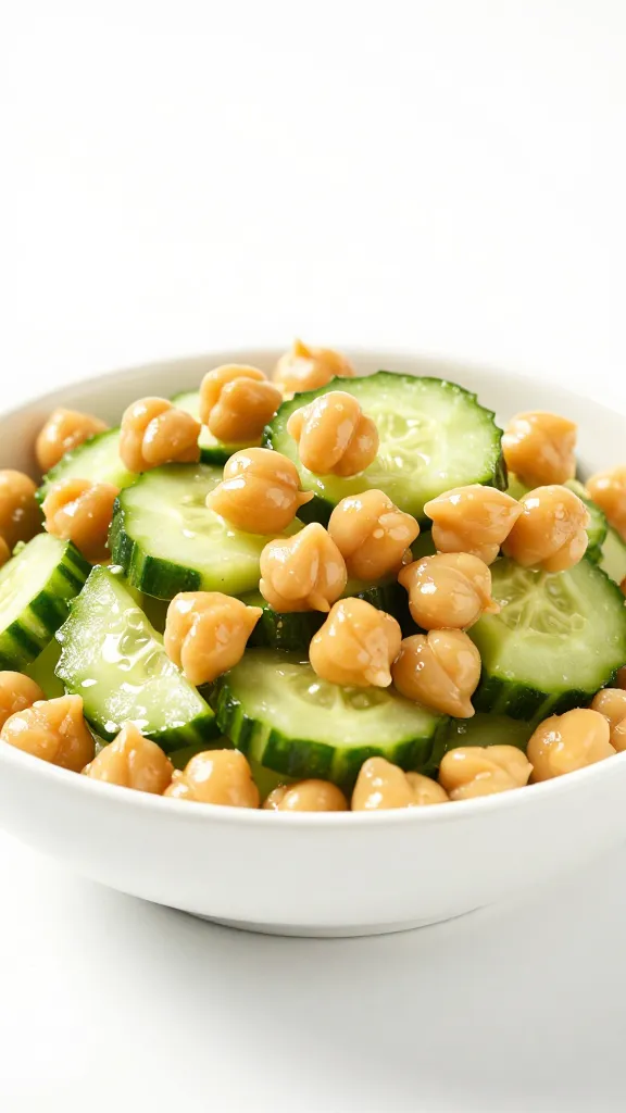 Crisp chickpeas cucumber salad in white bowl, bright studio light